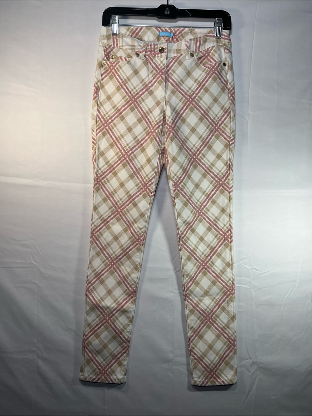 J. McLaughlin Plaid Skinny Jeans Pink Beige Cream Stretch Pants Womens Size 2